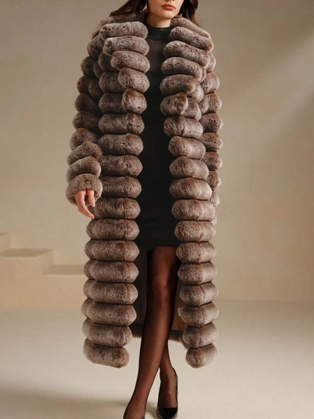 Brown Elegant Women's Faux Rabbit Fur Coat